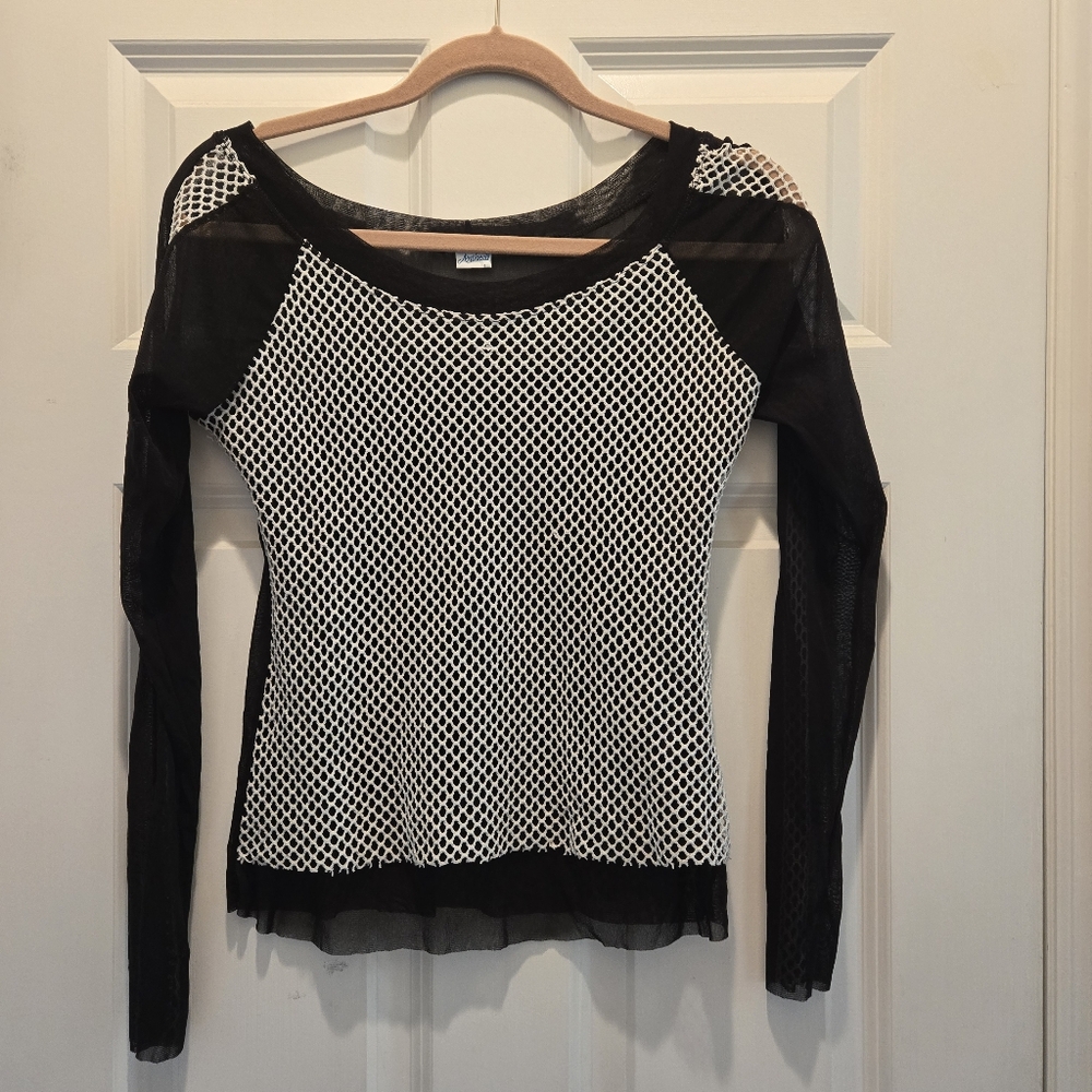 Vintage Y2K Top M Italy Mesh Long Sleeve Black White Euro Semi Sheer Netted